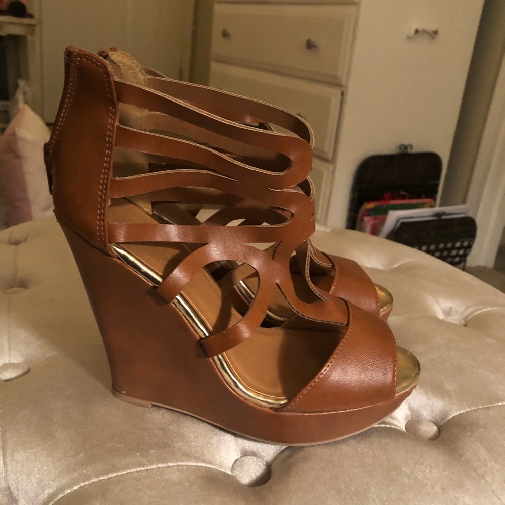 Brown leather wedges